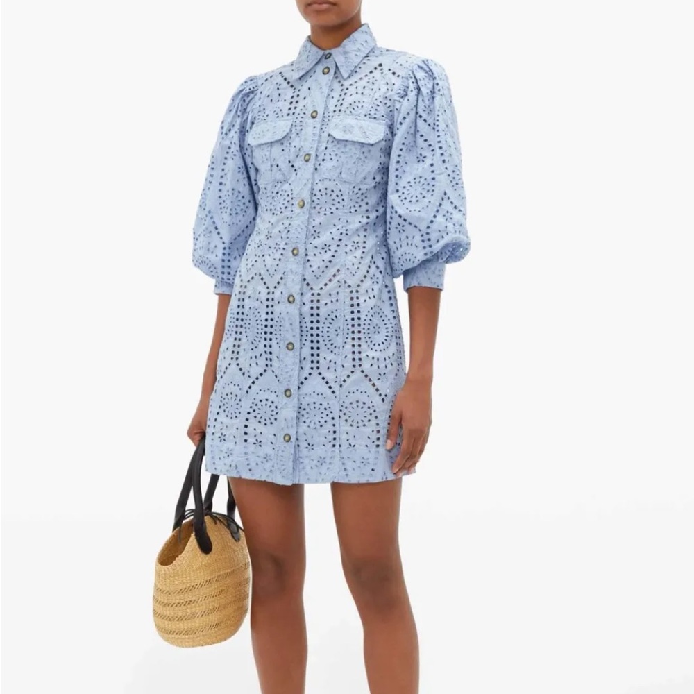 Ganni Women’s Blue Balloon-Sleeve Broderie Anglaise Mini Shirt Dress 100% Cotton - Picture 3 of 16